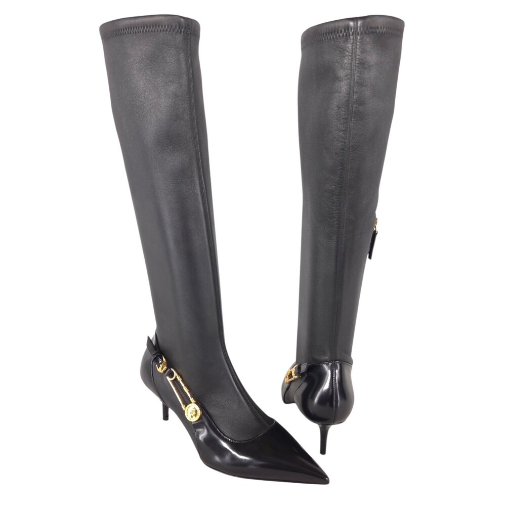 Versace Safety Pin Nappa Stretch Boots US 6 EU 36 Womens Black $1450